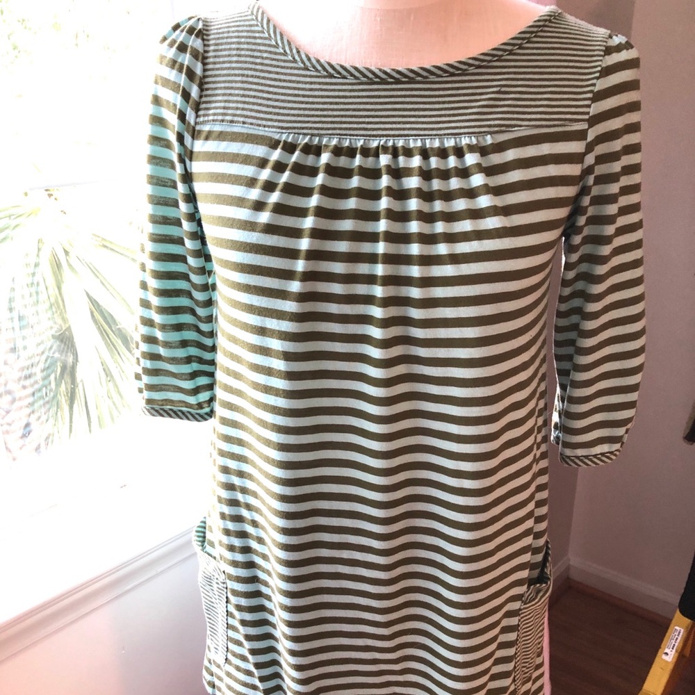Aqua & Olive 3/4 Sleeve Pocket Front Stripe Tunic